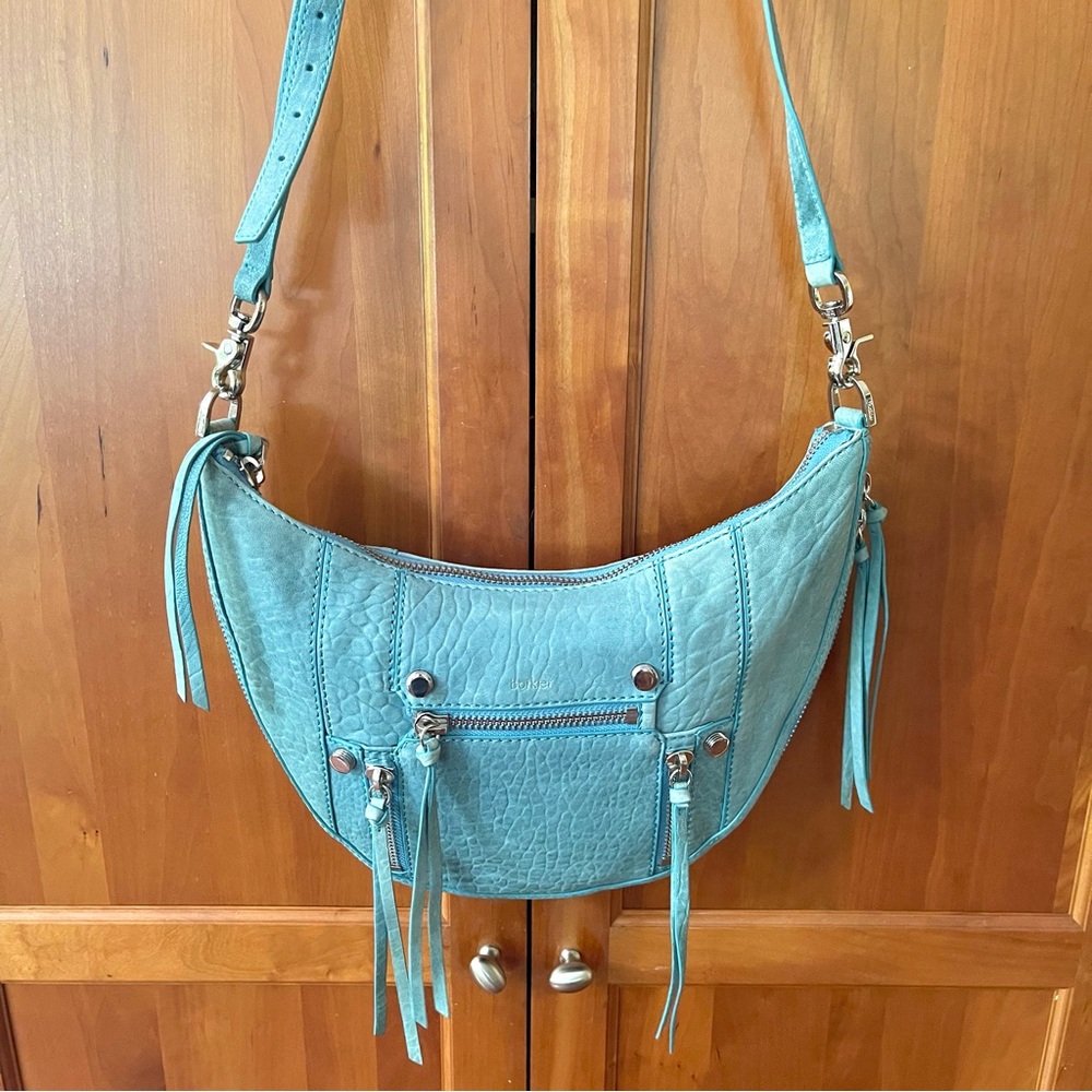 Botkier Croc Embossed Leather Crossbody Bag With Tassels In Light Blue Color - Picture 8 of 10